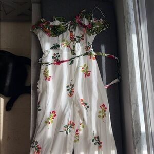 White Floral Strapless Jumpsuit with Tie Waist